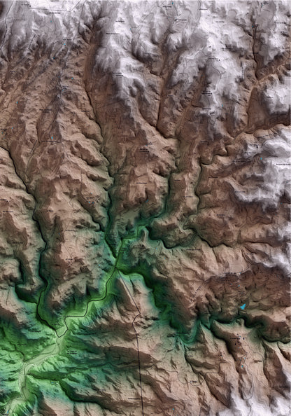 Mapa artístico del relieve de Sanaüja, a la Segarra, con 15 km de entorno y base topográfica ICGC. Detalle de la zona superior derecha.
