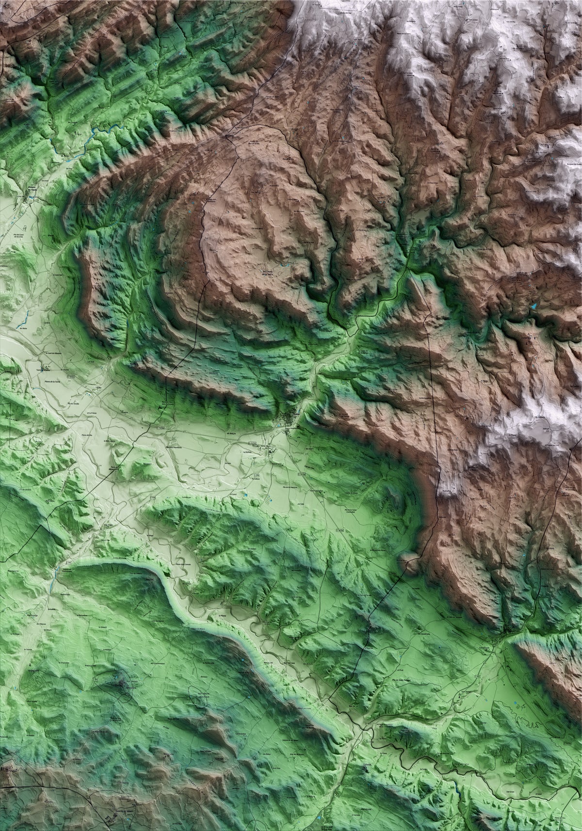 Mapa artístico del relieve de Sanaüja, a la Segarra, con 15 km de entorno y base topográfica ICGC