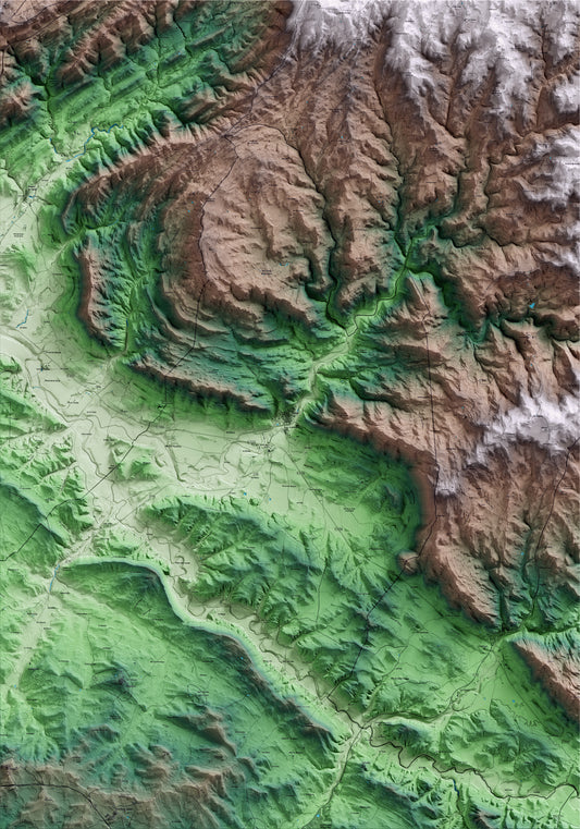 Mapa artístico del relieve de Sanaüja, a la Segarra, con 15 km de entorno y base topográfica ICGC