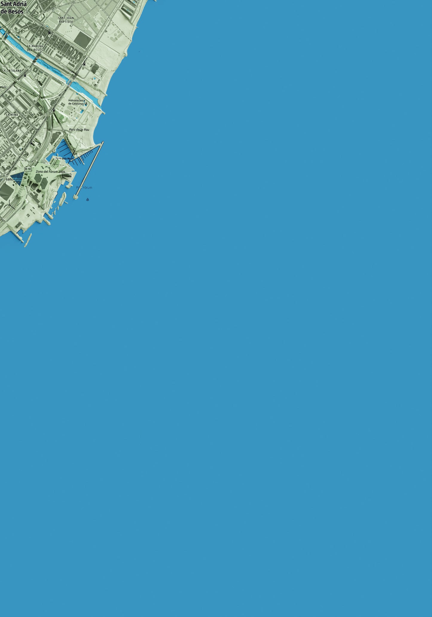 Mapa artístico del relieve de Sant Adrià de Besòs, al Barcelonès, con 15 km de entorno y base topográfica ICGC. Detalle de la zona inferior derecha.