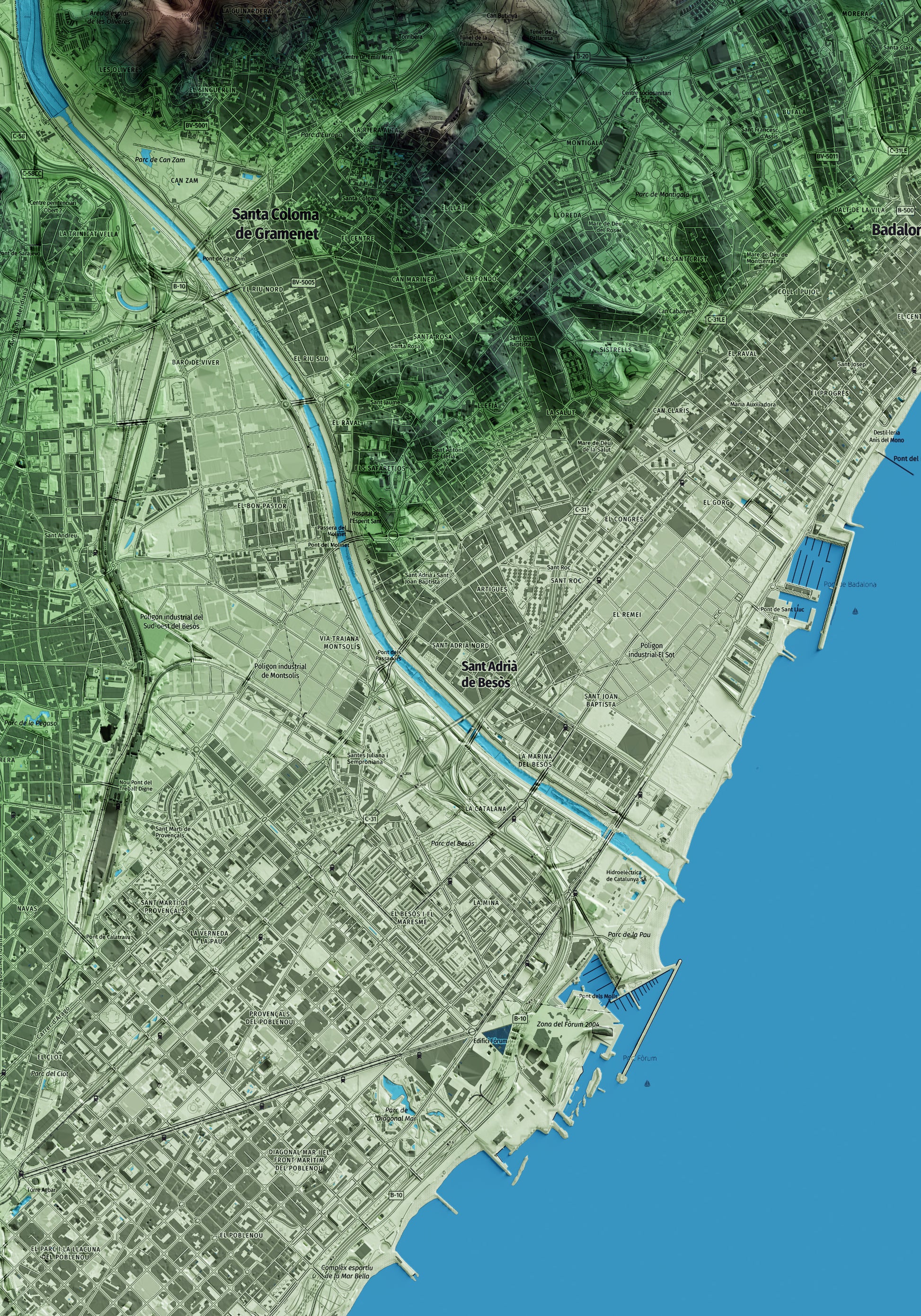 Mapa artístico del relieve de Sant Adrià de Besòs, al Barcelonès, con 15 km de entorno y base topográfica ICGC. Detalle de la zona central.