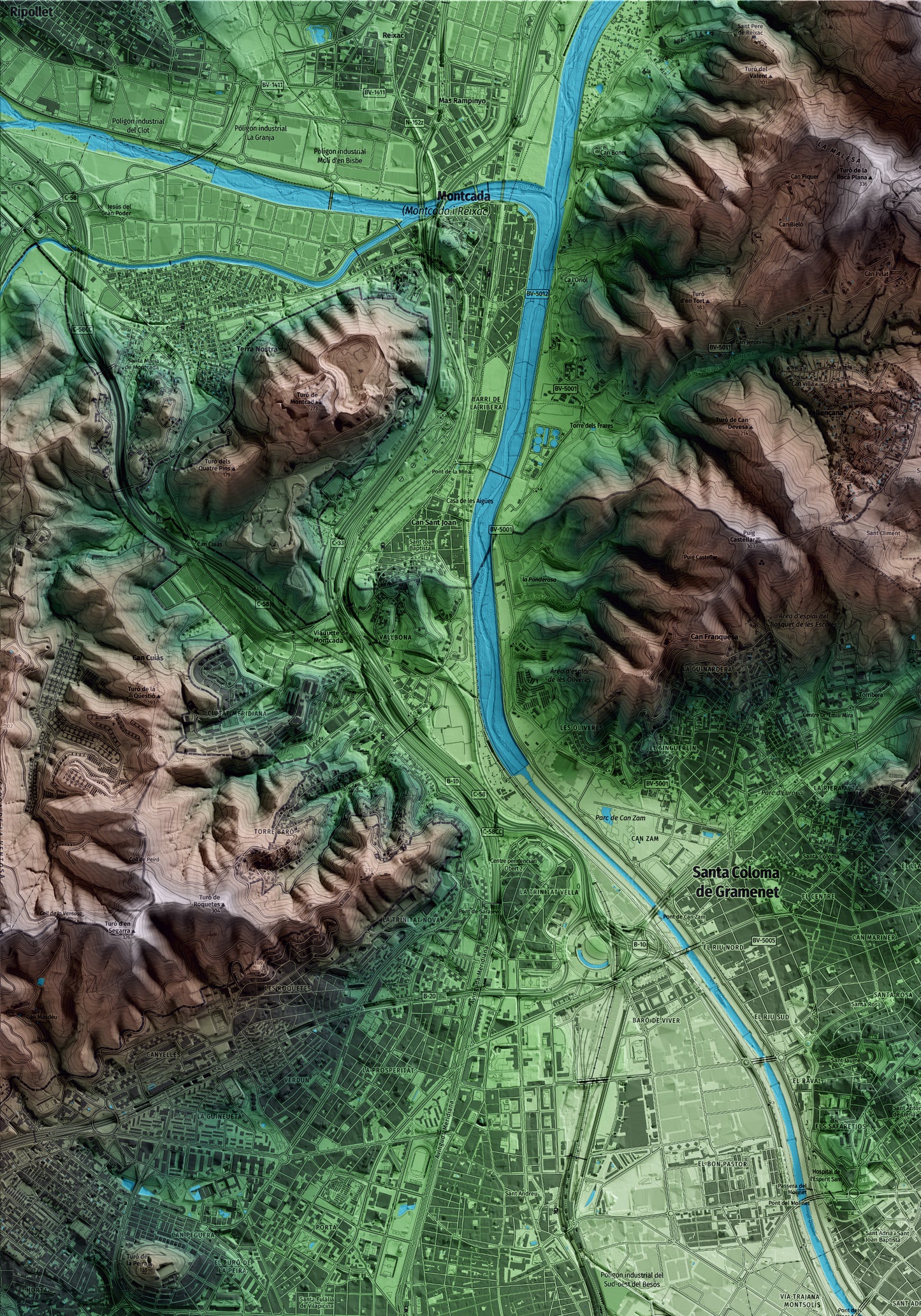 Mapa artístico del relieve de Sant Adrià de Besòs, al Barcelonès, con 15 km de entorno y base topográfica ICGC. Detalle de la zona superior izquierda.
