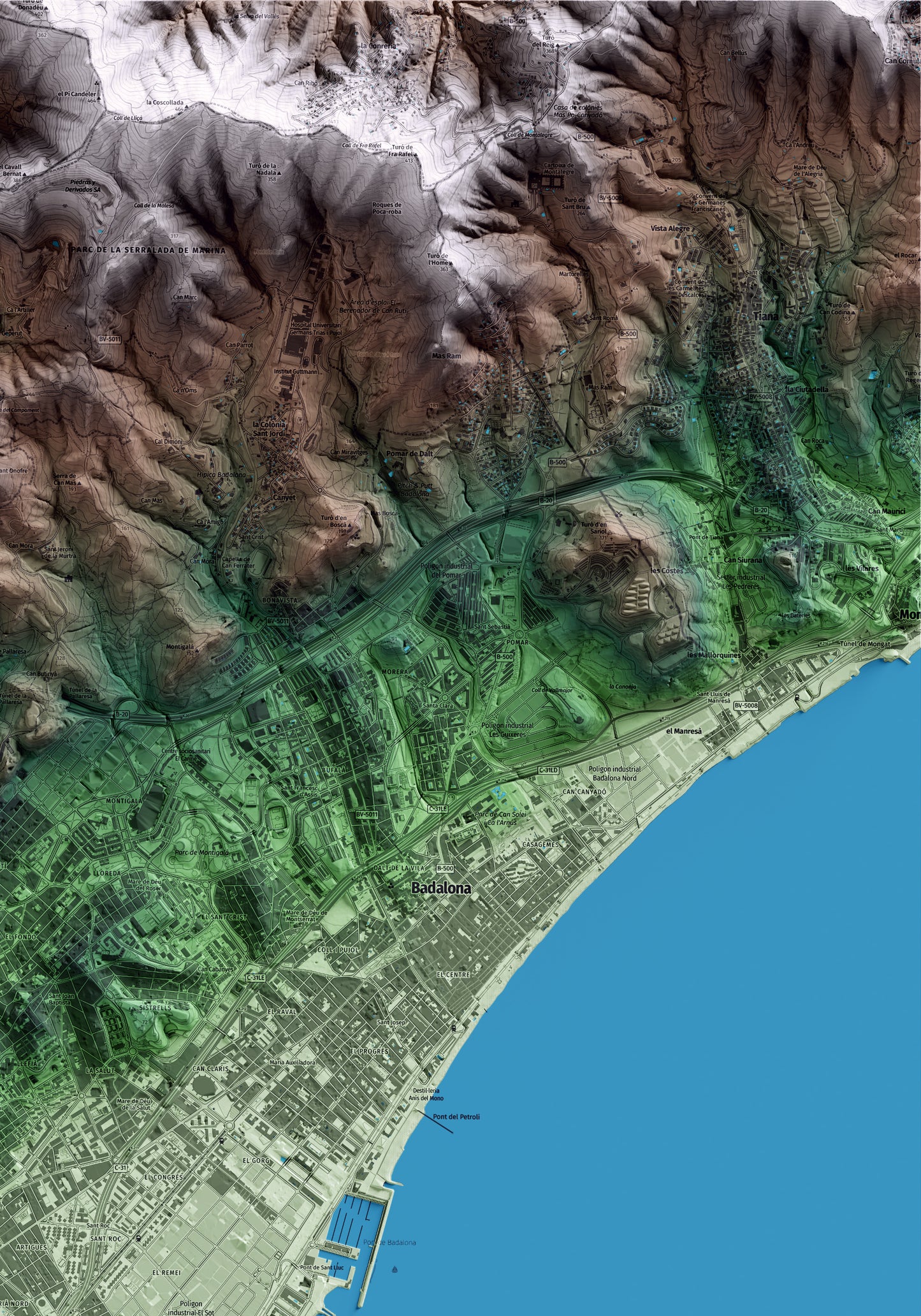 Mapa artístico del relieve de Sant Adrià de Besòs, al Barcelonès, con 15 km de entorno y base topográfica ICGC. Detalle de la zona superior derecha.