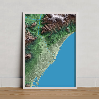 Mapa artístico del relieve de Sant Adrià de Besòs, al Barcelonès, con 15 km de entorno y base topográfica ICGC. Presentación enmarcada.