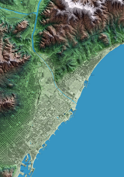 Mapa artístico del relieve de Sant Adrià de Besòs, al Barcelonès, con 15 km de entorno y base topográfica ICGC