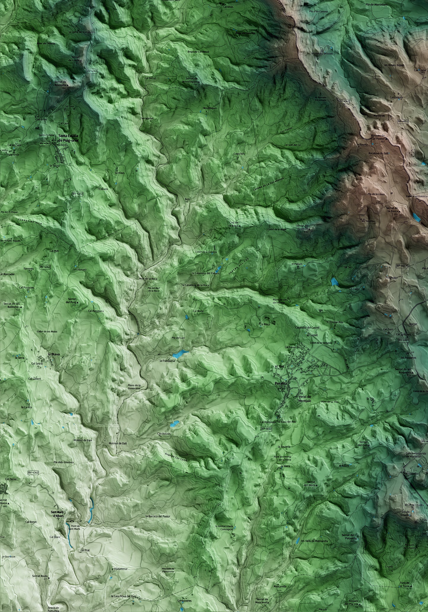 Mapa artístico del relieve de Sant Agustí de Lluçanès, a Osona, con 15 km de entorno y base topográfica ICGC. Detalle de la zona inferior izquierda.