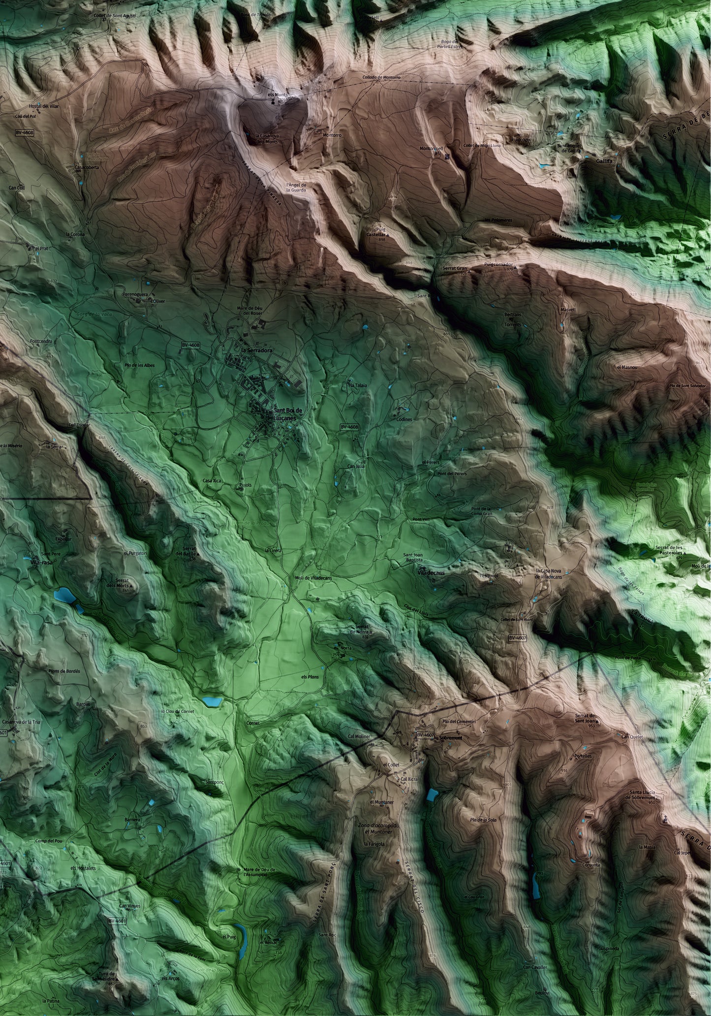 Mapa artístico del relieve de Sant Agustí de Lluçanès, a Osona, con 15 km de entorno y base topográfica ICGC. Detalle de la zona inferior derecha.