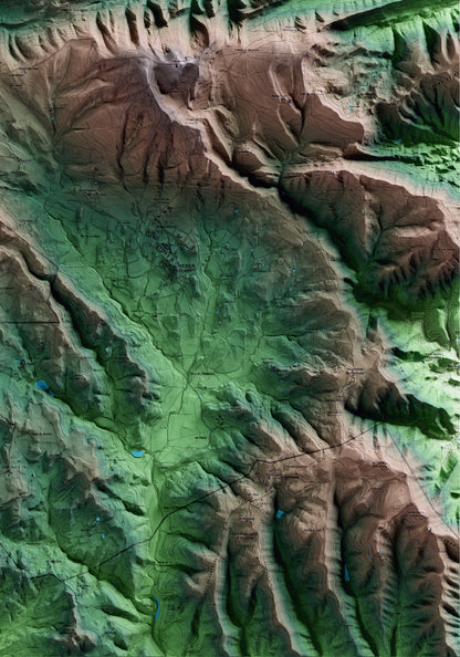Mapa artístico del relieve de Sant Agustí de Lluçanès, a Osona, con 15 km de entorno y base topográfica ICGC. Detalle de la zona inferior derecha.
