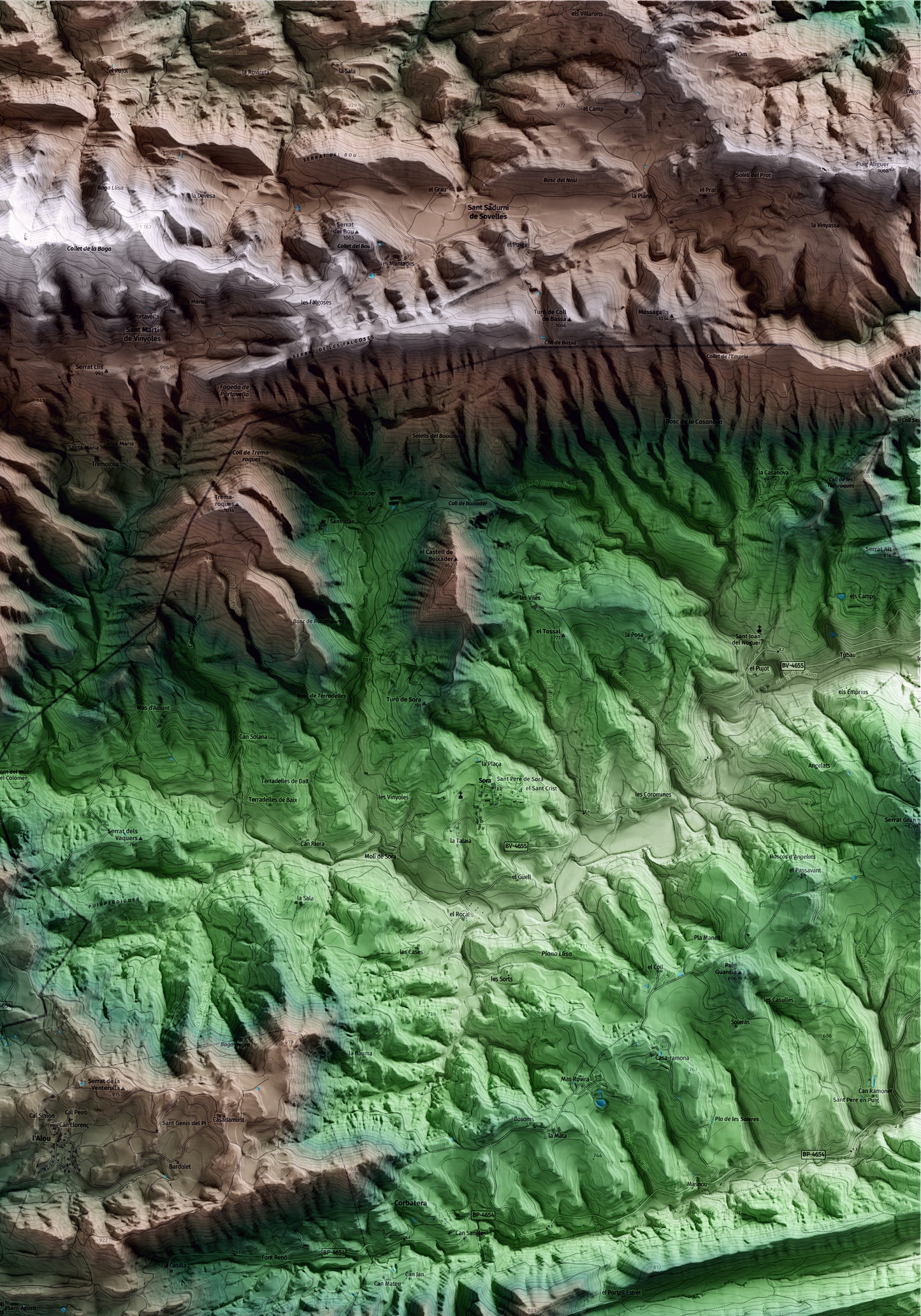 Mapa artístico del relieve de Sant Agustí de Lluçanès, a Osona, con 15 km de entorno y base topográfica ICGC. Detalle de la zona superior derecha.