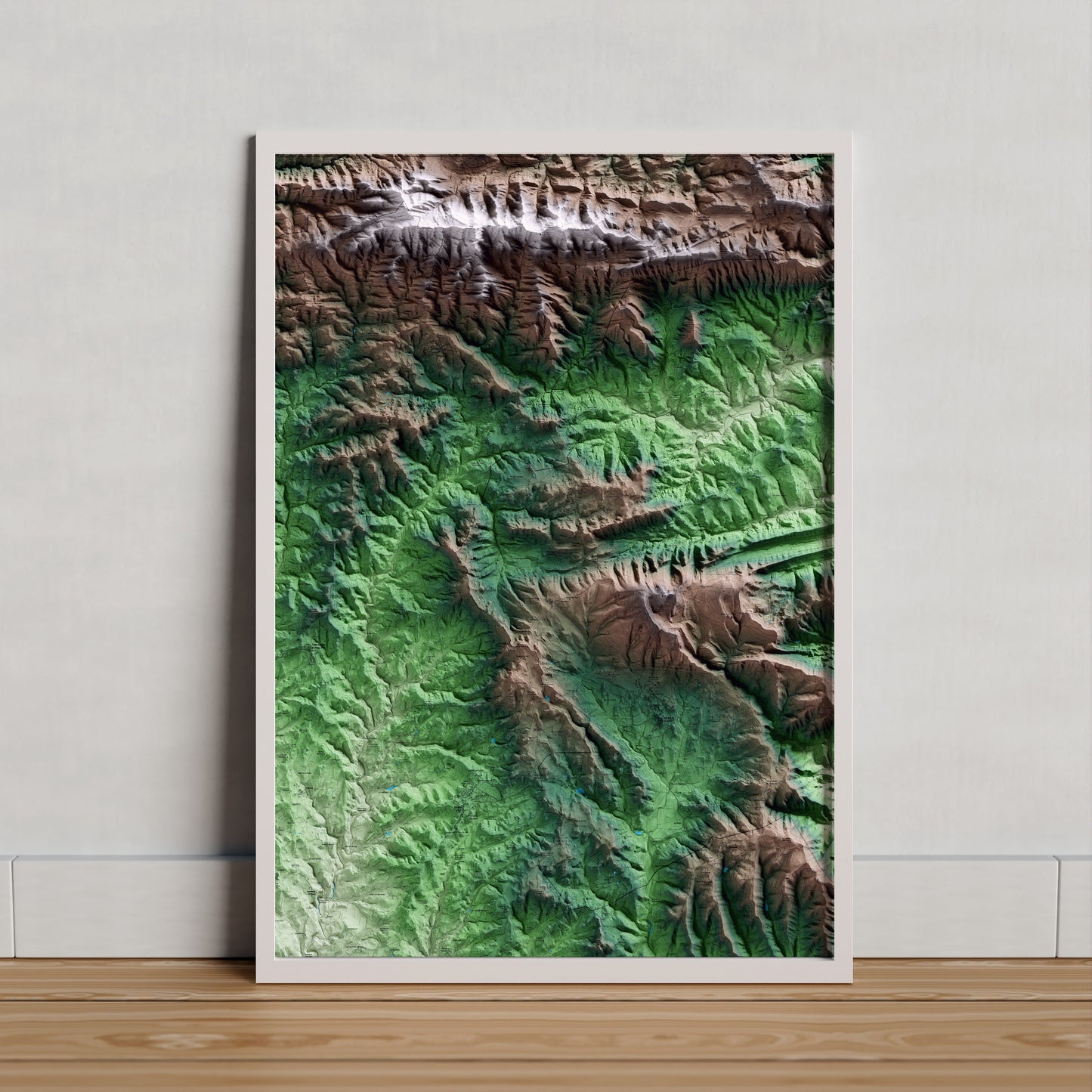 Mapa artístico del relieve de Sant Agustí de Lluçanès, a Osona, con 15 km de entorno y base topográfica ICGC. Presentación enmarcada.