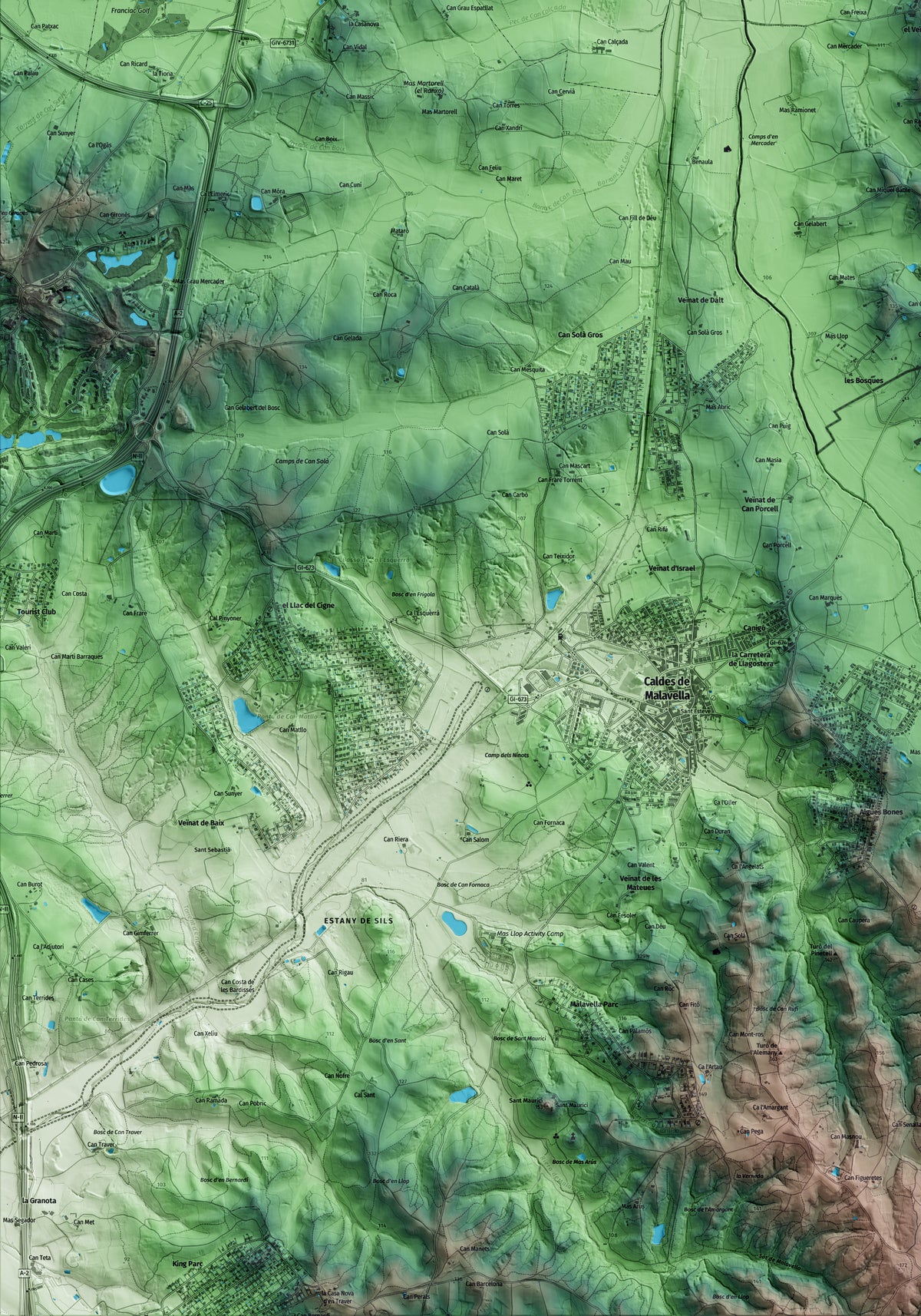 Mapa artístico del relieve de Sant Andreu Salou, al Gironès, con 15 km de entorno y base topográfica ICGC. Detalle de la zona inferior izquierda.