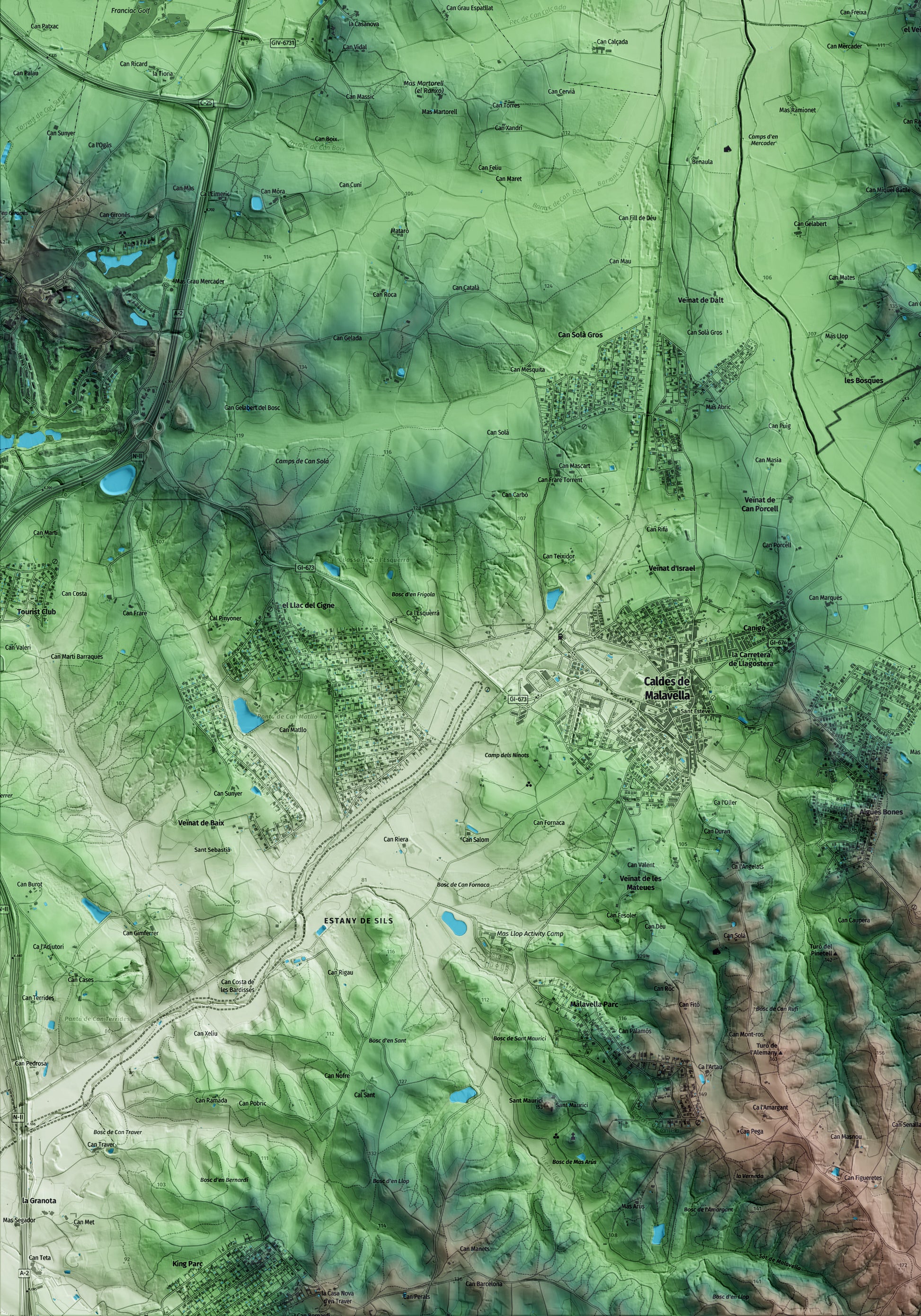 Mapa artístico del relieve de Sant Andreu Salou, al Gironès, con 15 km de entorno y base topográfica ICGC. Detalle de la zona inferior izquierda.