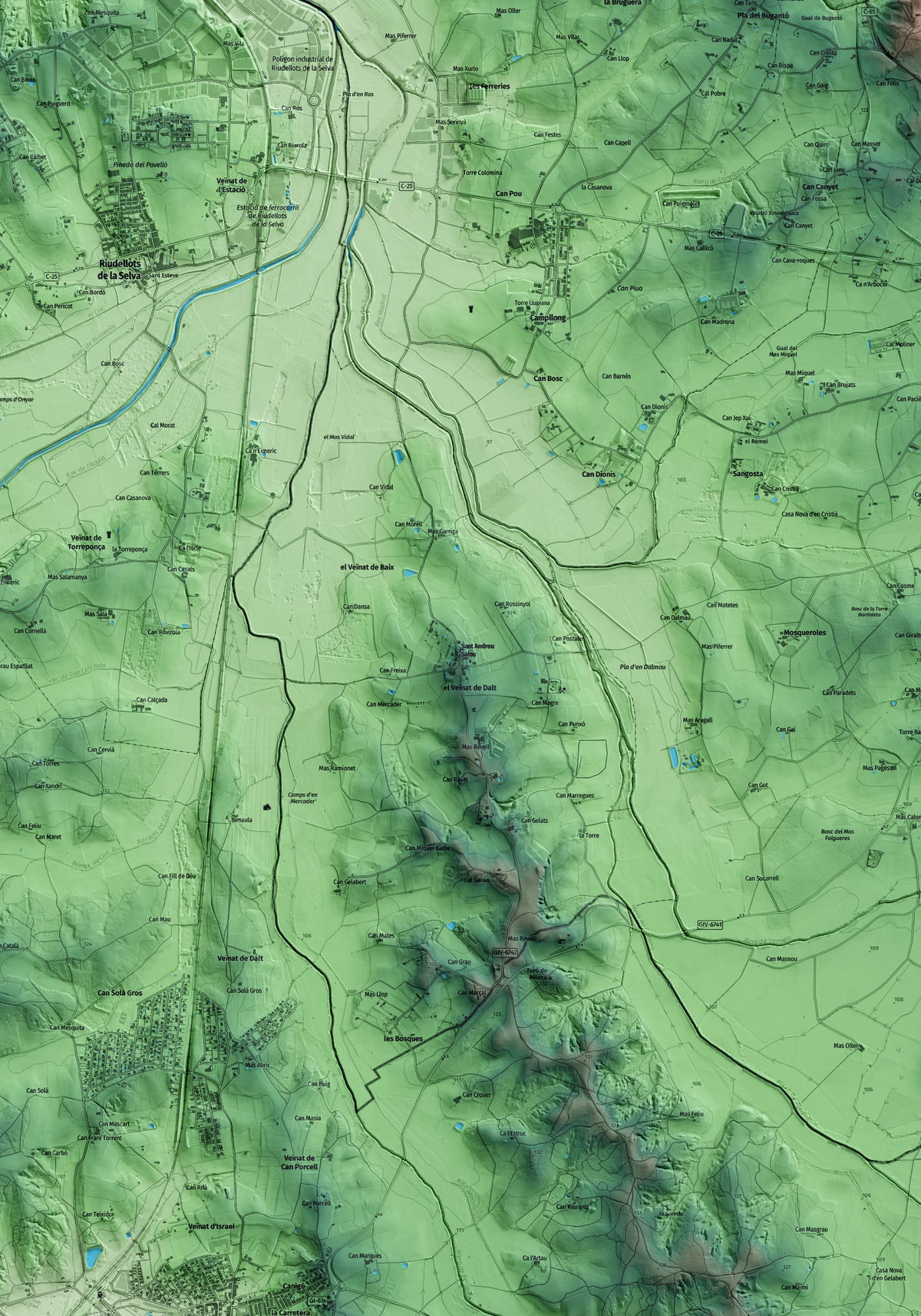 Mapa artístico del relieve de Sant Andreu Salou, al Gironès, con 15 km de entorno y base topográfica ICGC. Detalle de la zona central.