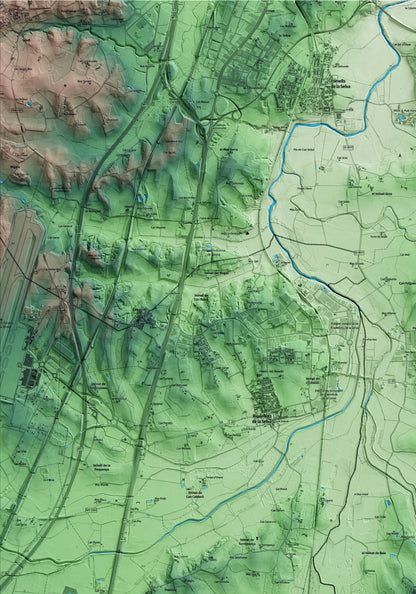 Mapa artístico del relieve de Sant Andreu Salou, al Gironès, con 15 km de entorno y base topográfica ICGC. Detalle de la zona superior izquierda.