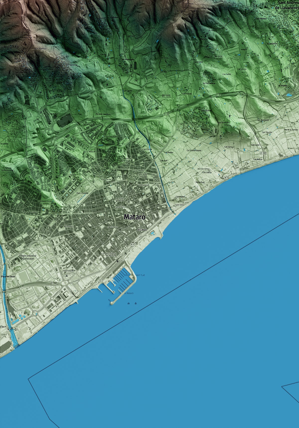 Mapa artístico del relieve de Sant Andreu de Llavaneres, al Maresme, con 15 km de entorno y base topográfica ICGC. Detalle de la zona inferior izquierda.