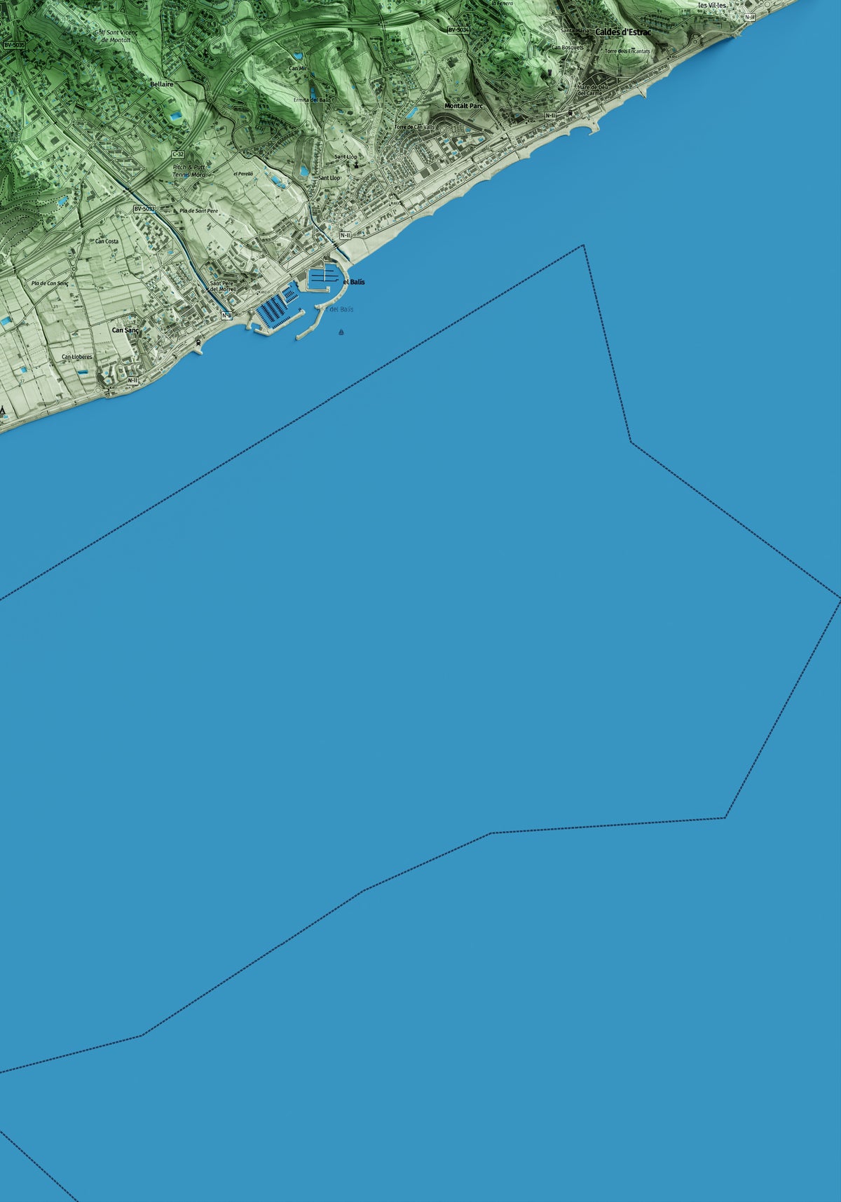 Mapa artístico del relieve de Sant Andreu de Llavaneres, al Maresme, con 15 km de entorno y base topográfica ICGC. Detalle de la zona inferior derecha.