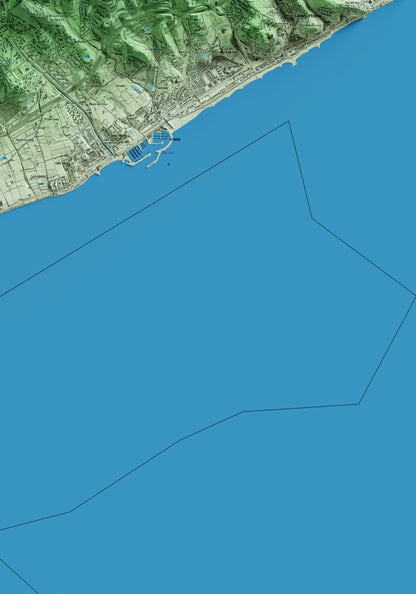 Mapa artístico del relieve de Sant Andreu de Llavaneres, al Maresme, con 15 km de entorno y base topográfica ICGC. Detalle de la zona inferior derecha.