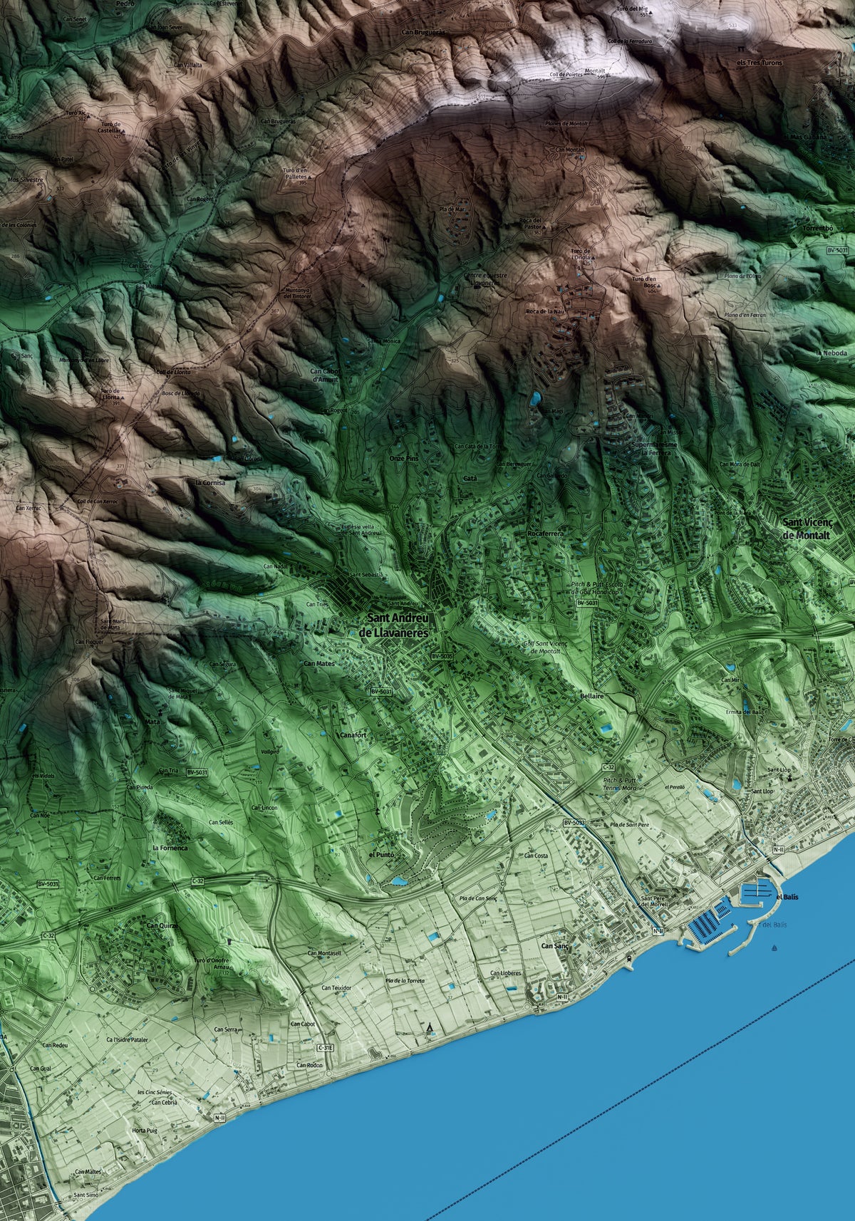 Mapa artístico del relieve de Sant Andreu de Llavaneres, al Maresme, con 15 km de entorno y base topográfica ICGC. Detalle de la zona central.