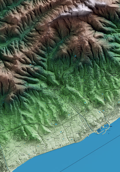 Mapa artístico del relieve de Sant Andreu de Llavaneres, al Maresme, con 15 km de entorno y base topográfica ICGC. Detalle de la zona central.