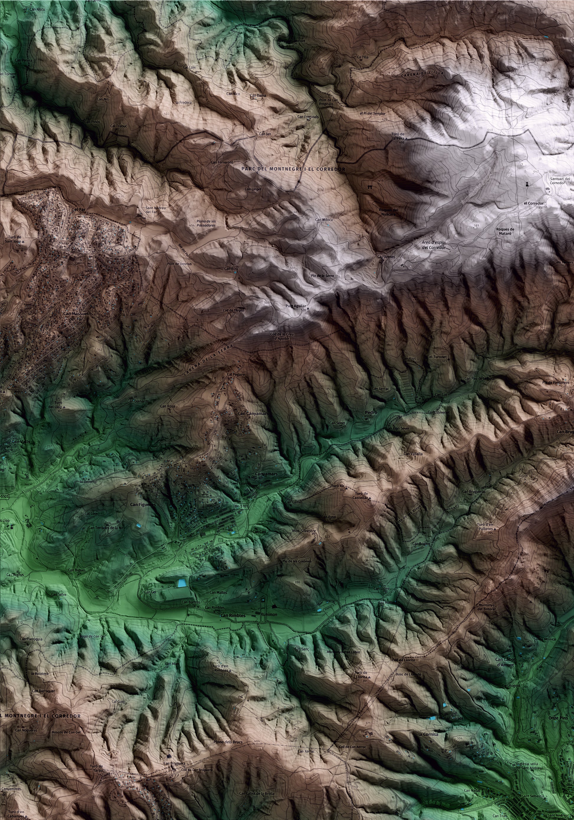 Mapa artístico del relieve de Sant Andreu de Llavaneres, al Maresme, con 15 km de entorno y base topográfica ICGC. Detalle de la zona superior izquierda.