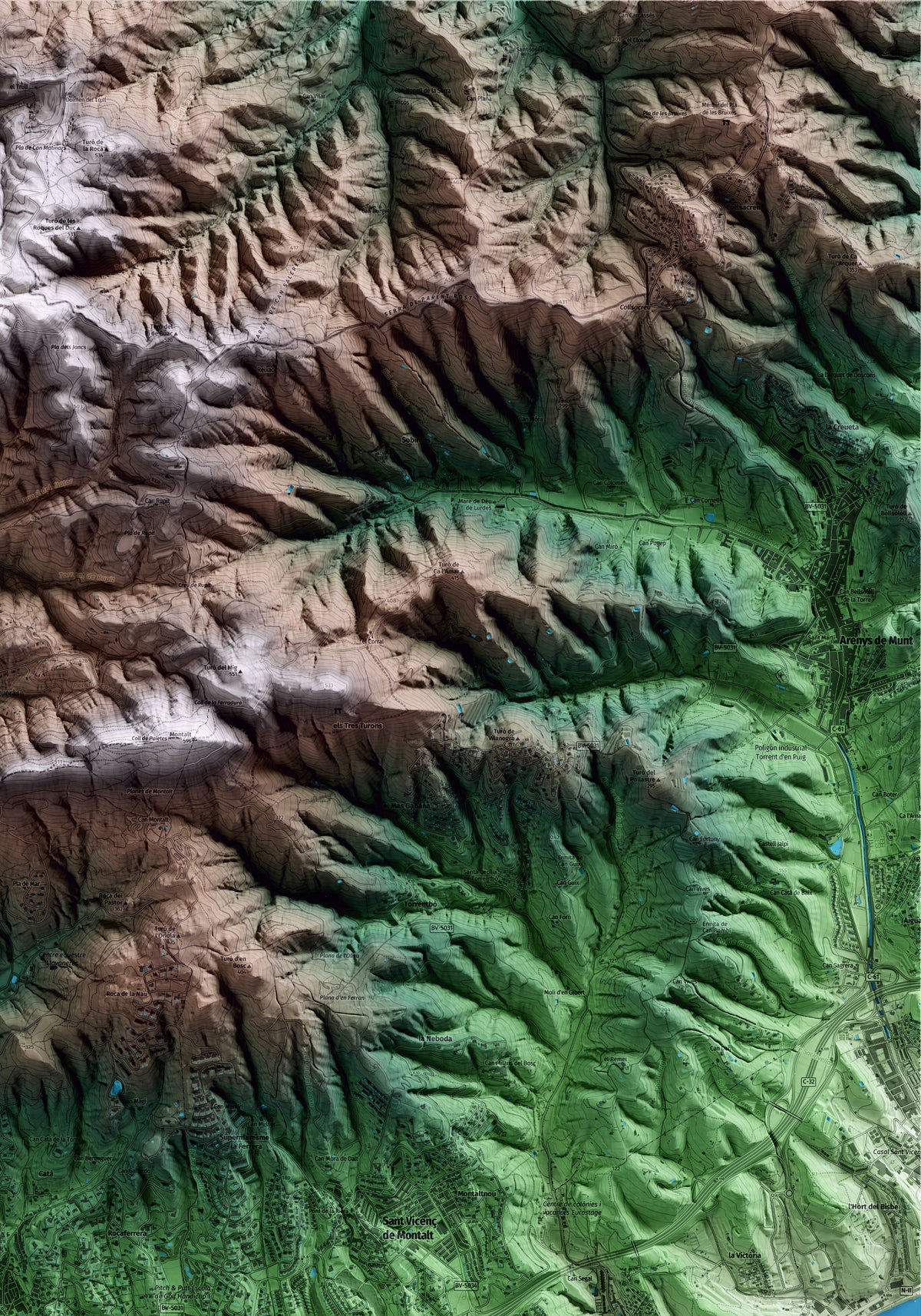 Mapa artístico del relieve de Sant Andreu de Llavaneres, al Maresme, con 15 km de entorno y base topográfica ICGC. Detalle de la zona superior derecha.