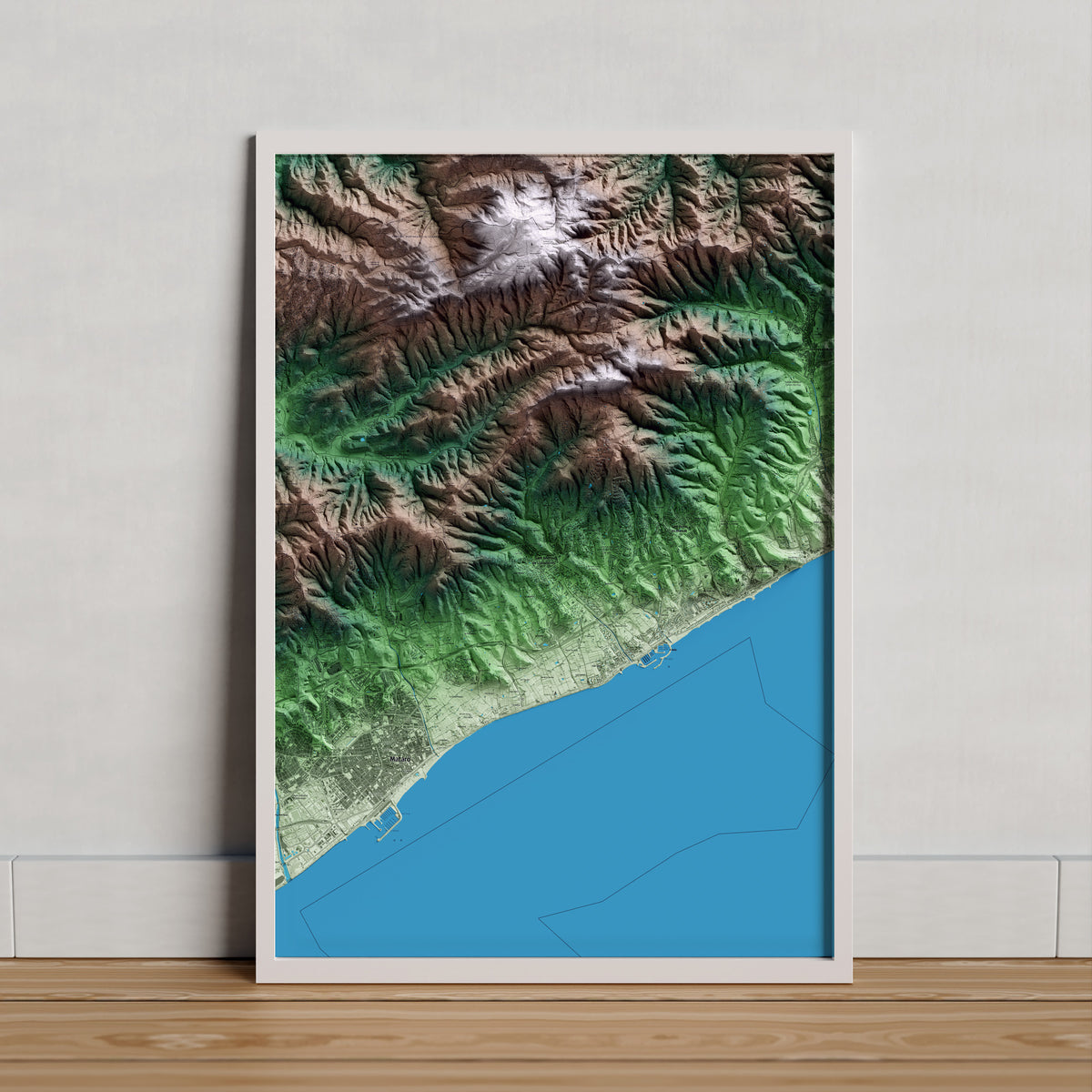 Mapa artístico del relieve de Sant Andreu de Llavaneres, al Maresme, con 15 km de entorno y base topográfica ICGC. Presentación enmarcada.