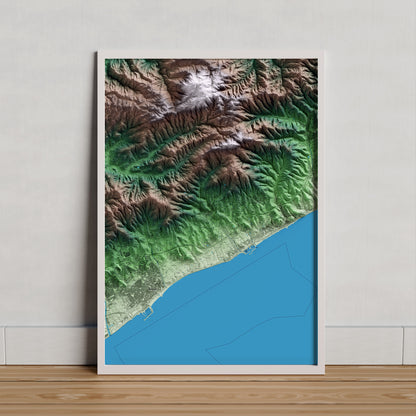 Mapa artístico del relieve de Sant Andreu de Llavaneres, al Maresme, con 15 km de entorno y base topográfica ICGC. Presentación enmarcada.
