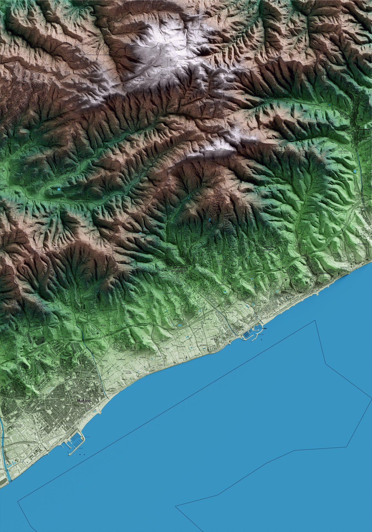 Mapa artístico del relieve de Sant Andreu de Llavaneres, al Maresme, con 15 km de entorno y base topográfica ICGC