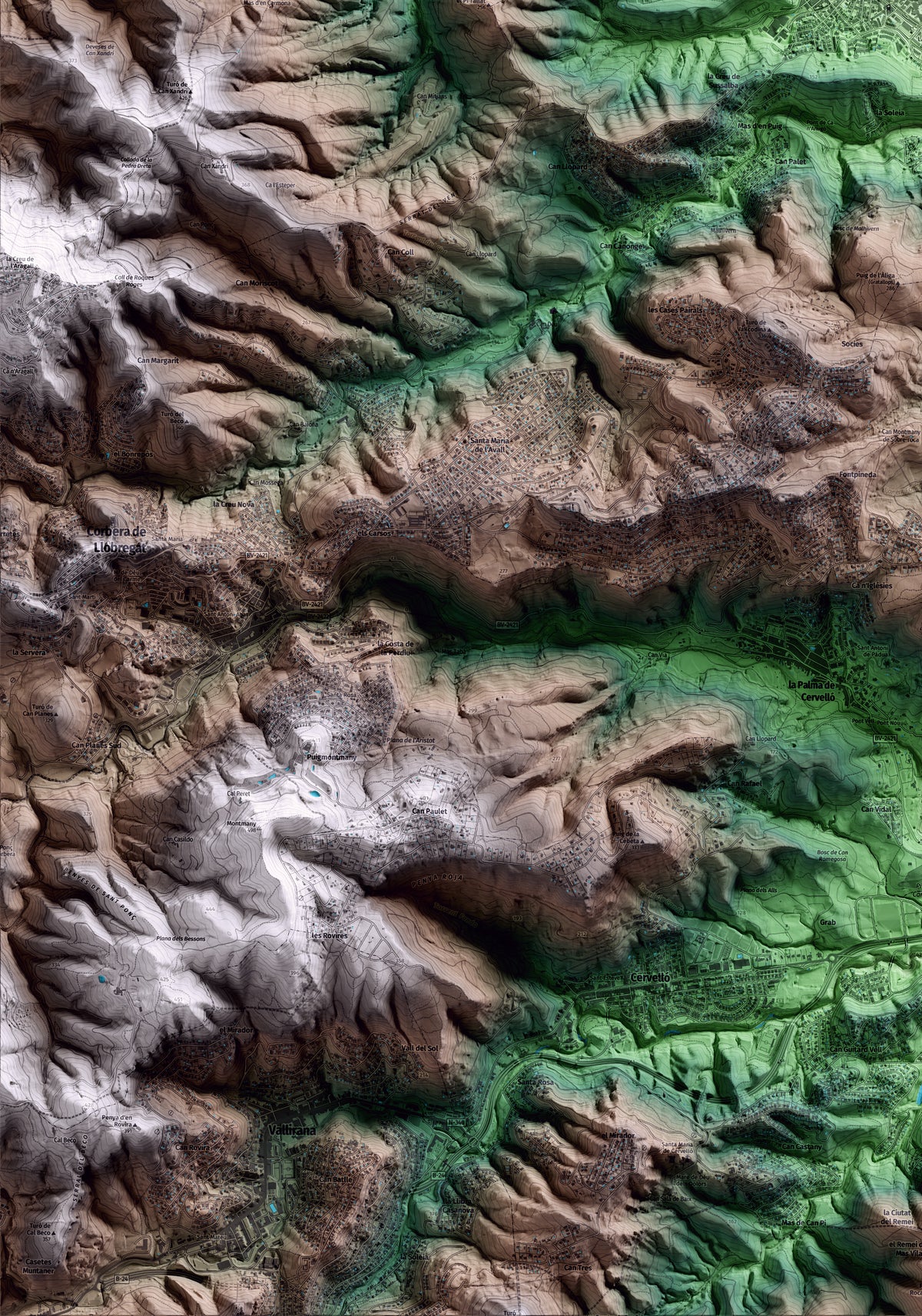 Mapa artístico del relieve de Sant Andreu de la Barca, al Baix Llobregat, con 15 km de entorno y base topográfica ICGC. Detalle de la zona inferior izquierda.