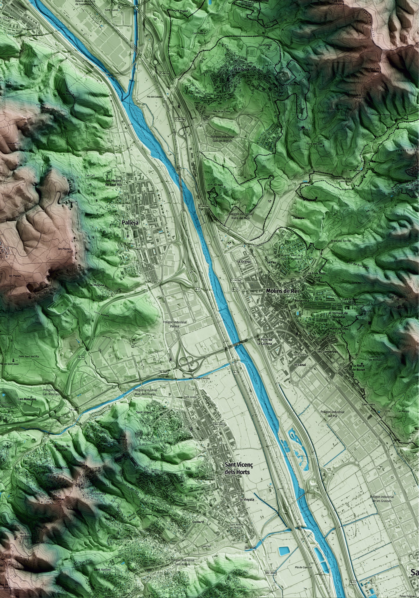 Mapa artístico del relieve de Sant Andreu de la Barca, al Baix Llobregat, con 15 km de entorno y base topográfica ICGC. Detalle de la zona inferior derecha.