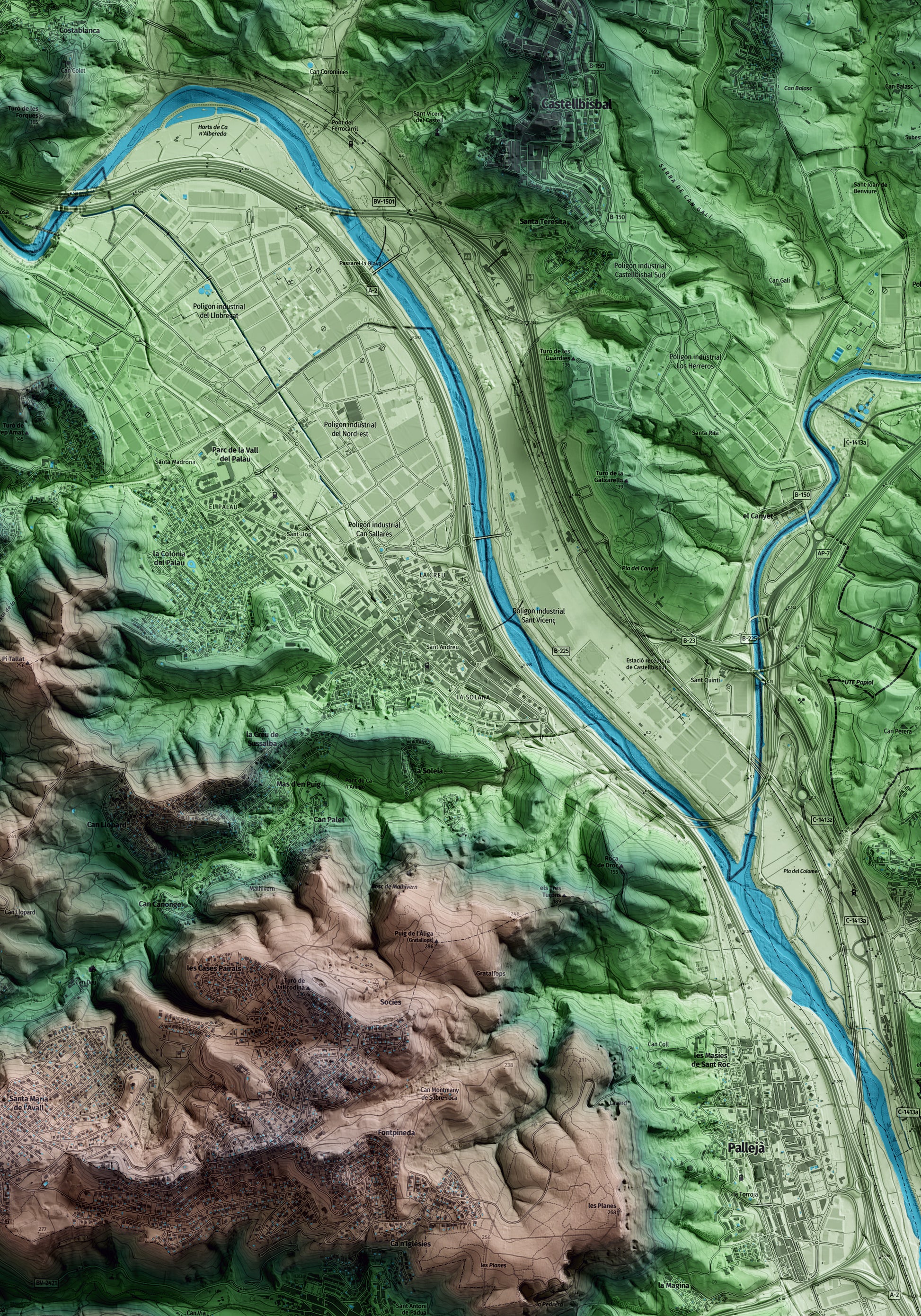 Mapa artístico del relieve de Sant Andreu de la Barca, al Baix Llobregat, con 15 km de entorno y base topográfica ICGC. Detalle de la zona central.
