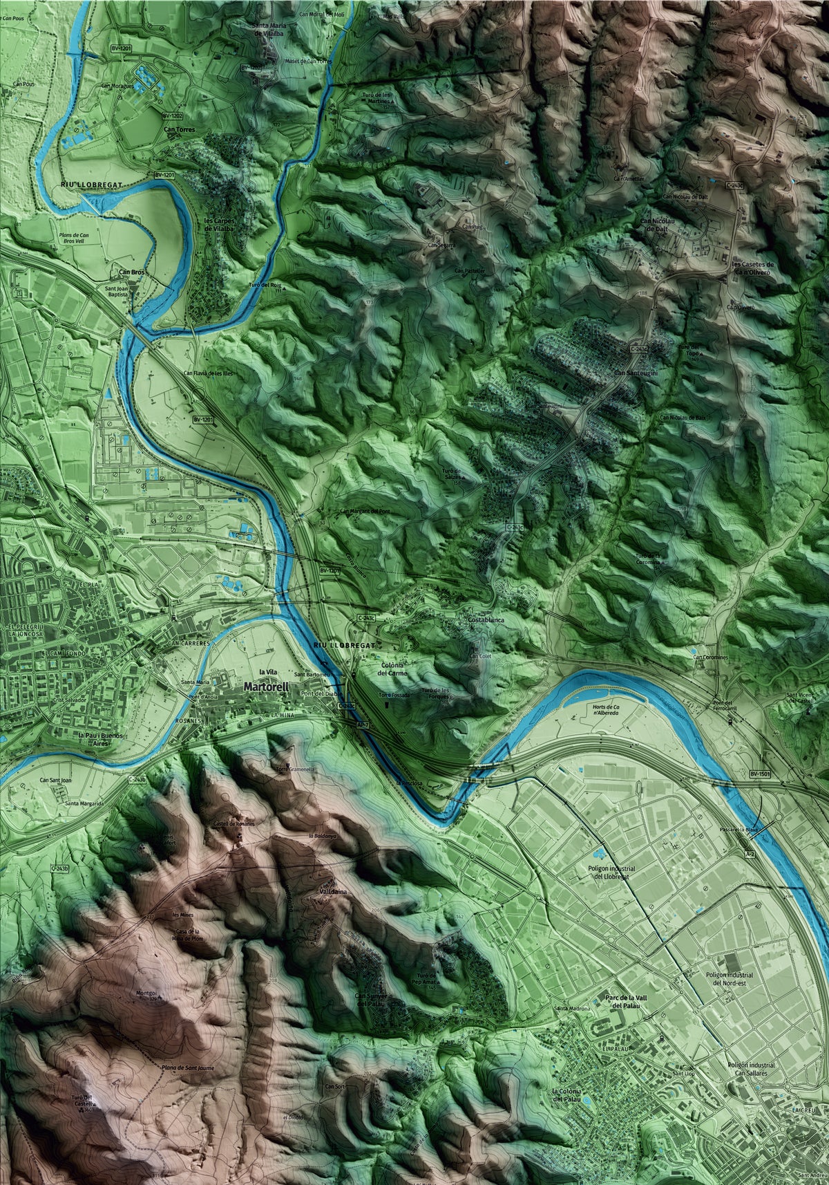 Mapa artístico del relieve de Sant Andreu de la Barca, al Baix Llobregat, con 15 km de entorno y base topográfica ICGC. Detalle de la zona superior izquierda.