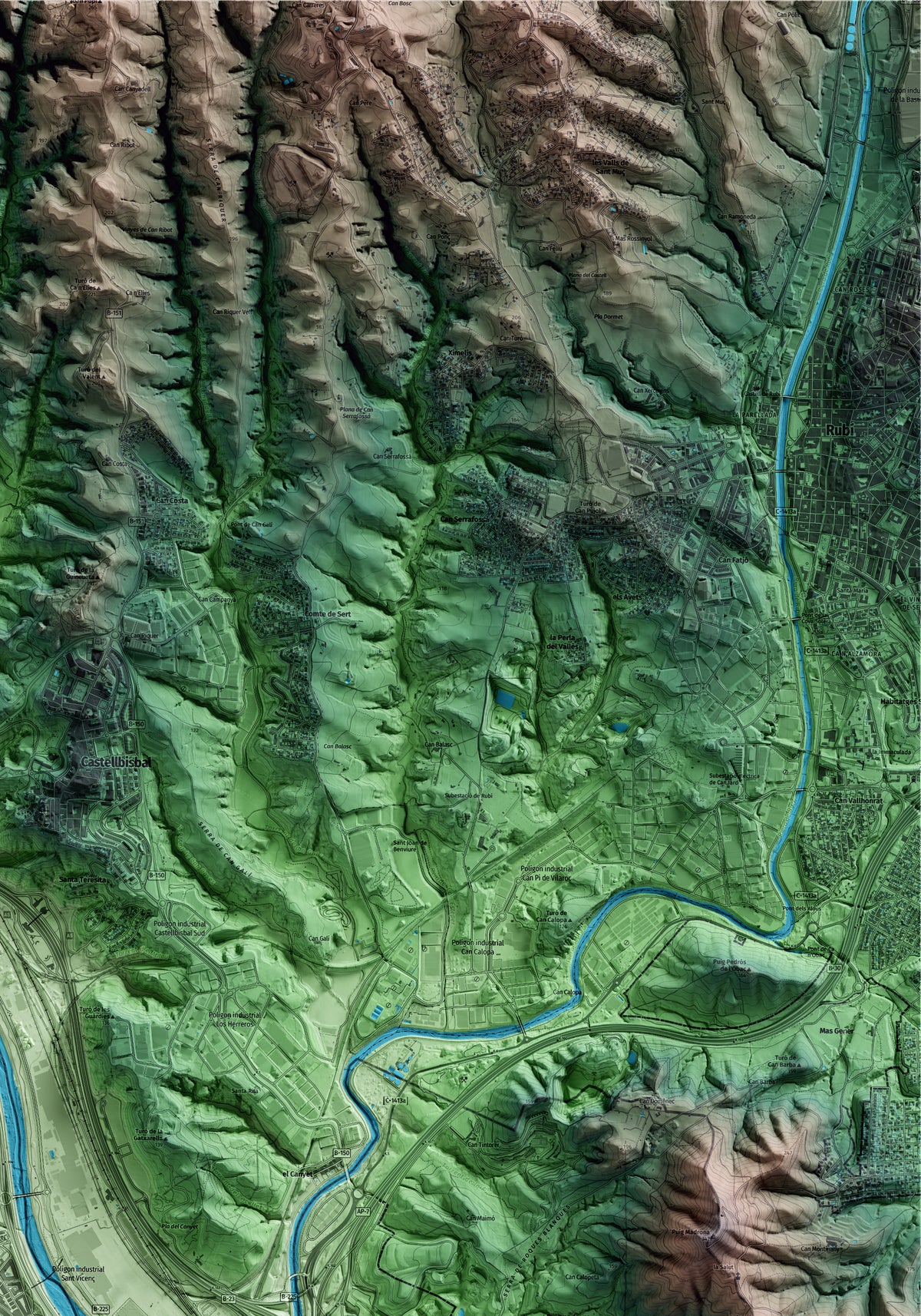 Mapa artístico del relieve de Sant Andreu de la Barca, al Baix Llobregat, con 15 km de entorno y base topográfica ICGC. Detalle de la zona superior derecha.