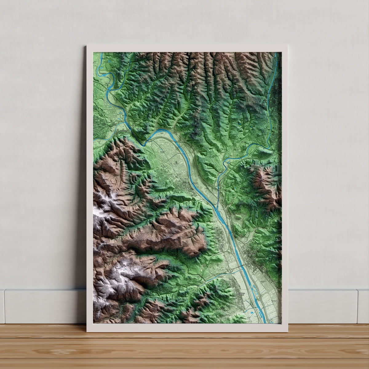 Mapa artístico del relieve de Sant Andreu de la Barca, al Baix Llobregat, con 15 km de entorno y base topográfica ICGC. Presentación enmarcada.