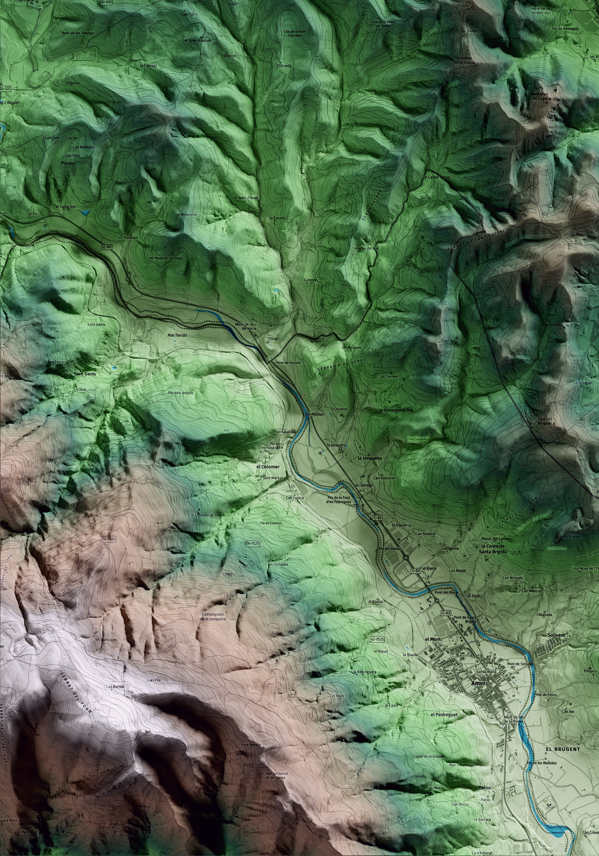 Mapa artístico del relieve de Sant Aniol de Finestres, a la Garrotxa, con 15 km de entorno y base topográfica ICGC. Detalle de la zona inferior izquierda.