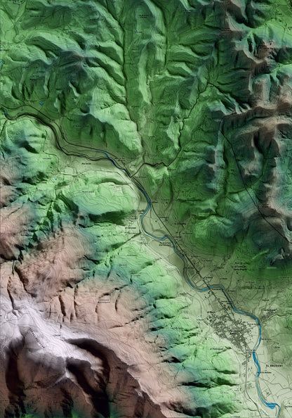 Mapa artístico del relieve de Sant Aniol de Finestres, a la Garrotxa, con 15 km de entorno y base topográfica ICGC. Detalle de la zona inferior izquierda.