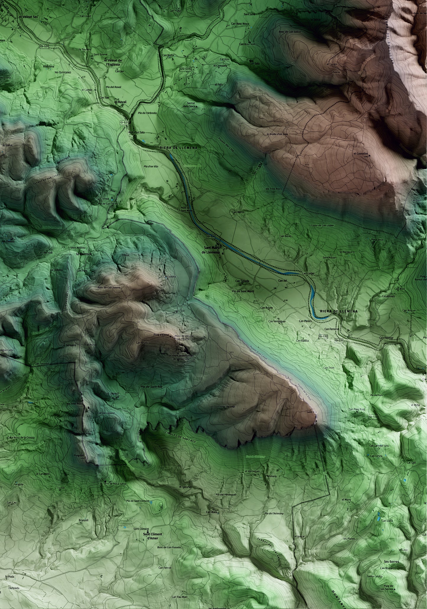 Mapa artístico del relieve de Sant Aniol de Finestres, a la Garrotxa, con 15 km de entorno y base topográfica ICGC. Detalle de la zona inferior derecha.