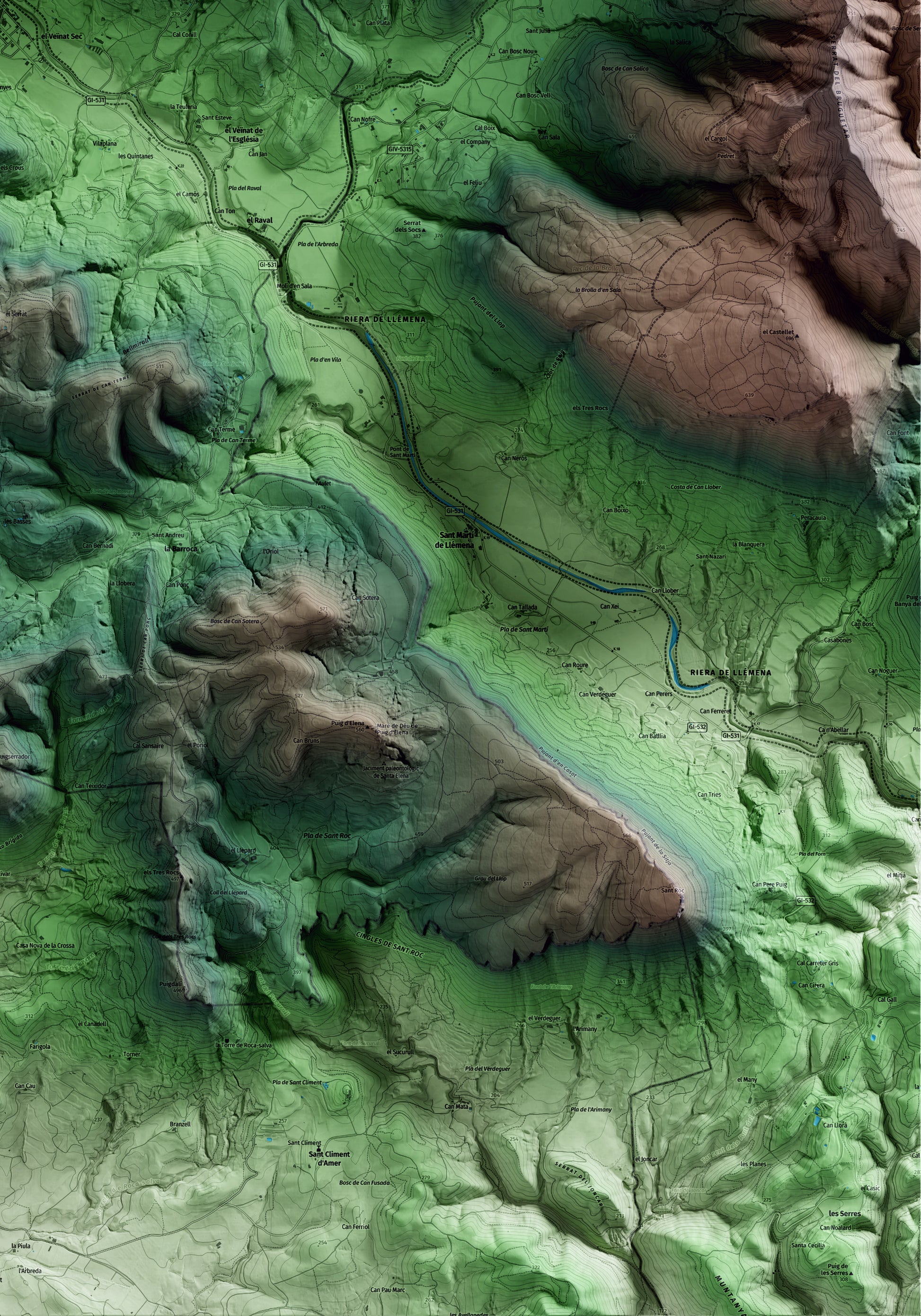 Mapa artístico del relieve de Sant Aniol de Finestres, a la Garrotxa, con 15 km de entorno y base topográfica ICGC. Detalle de la zona inferior derecha.