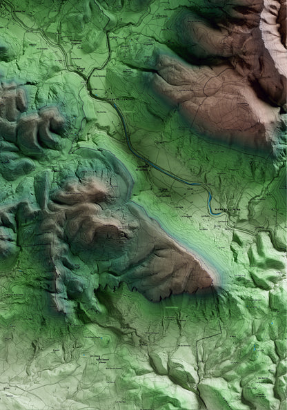 Mapa artístico del relieve de Sant Aniol de Finestres, a la Garrotxa, con 15 km de entorno y base topográfica ICGC. Detalle de la zona inferior derecha.