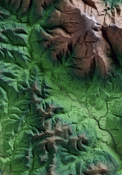 Mapa artístico del relieve de Sant Aniol de Finestres, a la Garrotxa, con 15 km de entorno y base topográfica ICGC. Detalle de la zona central.