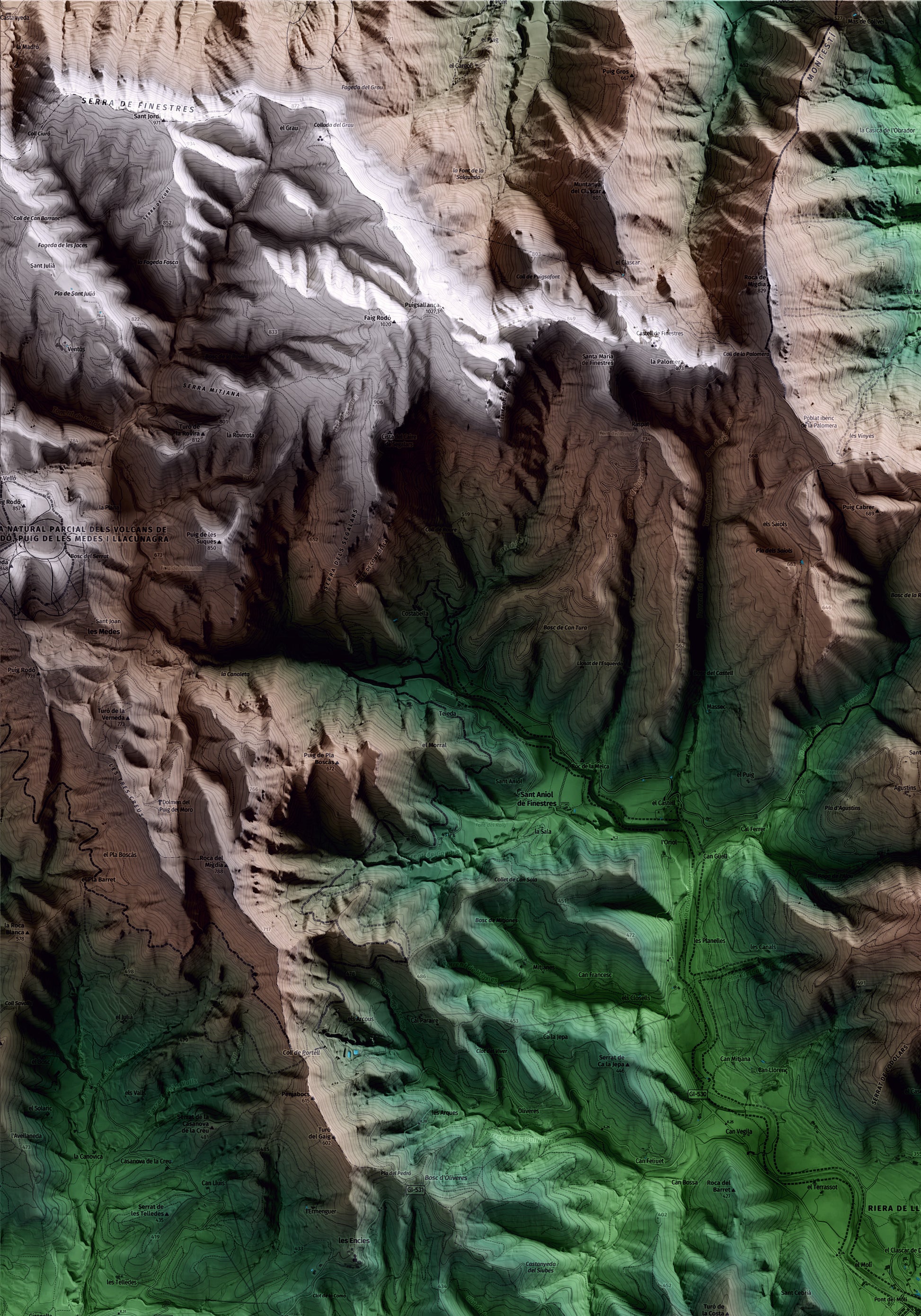 Mapa artístico del relieve de Sant Aniol de Finestres, a la Garrotxa, con 15 km de entorno y base topográfica ICGC. Detalle de la zona superior izquierda.