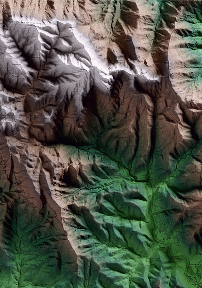 Mapa artístico del relieve de Sant Aniol de Finestres, a la Garrotxa, con 15 km de entorno y base topográfica ICGC. Detalle de la zona superior izquierda.