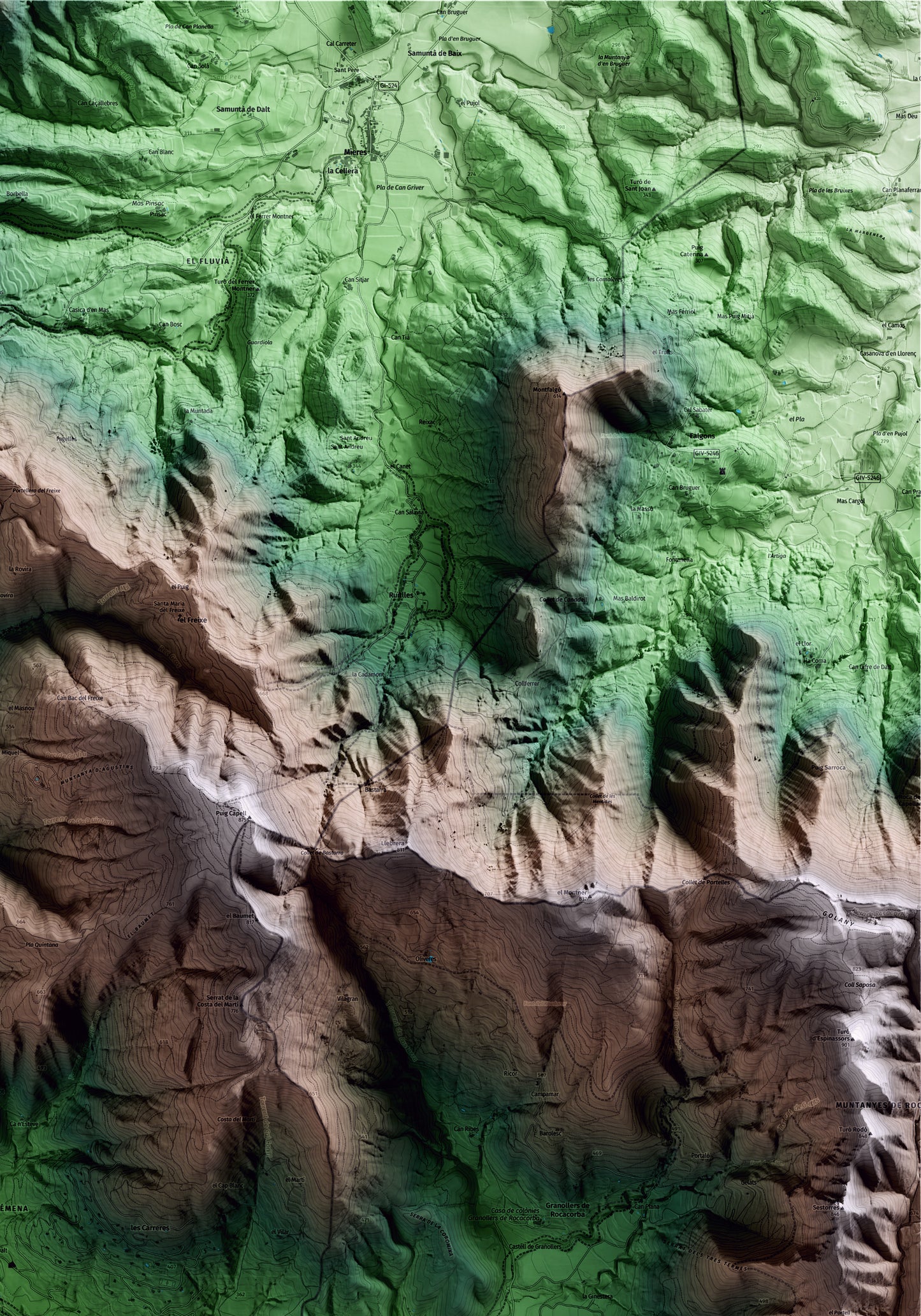 Mapa artístico del relieve de Sant Aniol de Finestres, a la Garrotxa, con 15 km de entorno y base topográfica ICGC. Detalle de la zona superior derecha.