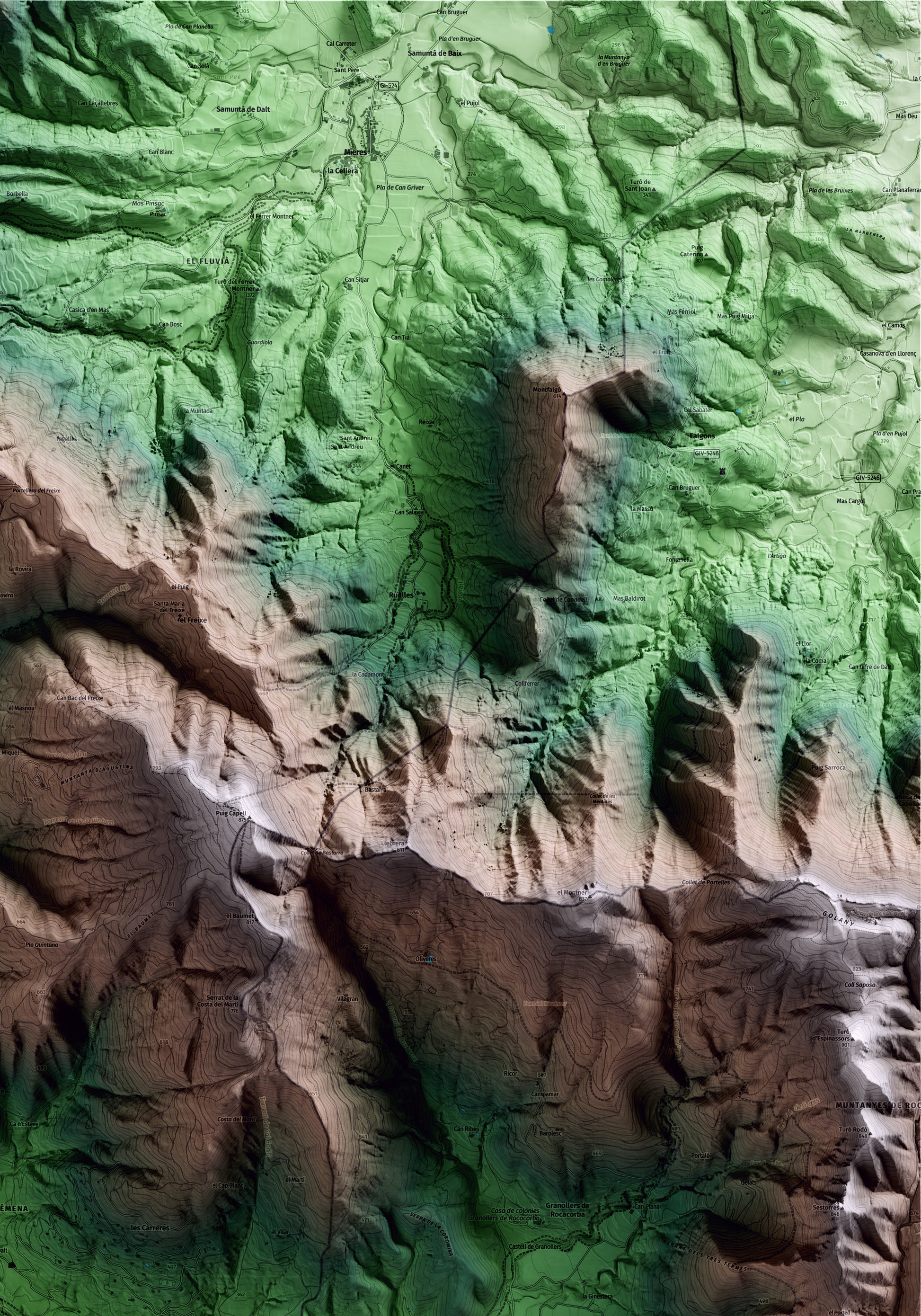 Mapa artístico del relieve de Sant Aniol de Finestres, a la Garrotxa, con 15 km de entorno y base topográfica ICGC. Detalle de la zona superior derecha.