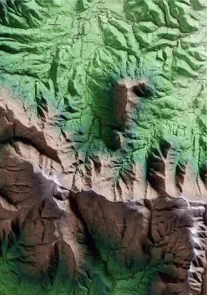 Mapa artístico del relieve de Sant Aniol de Finestres, a la Garrotxa, con 15 km de entorno y base topográfica ICGC. Detalle de la zona superior derecha.