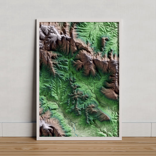 Mapa artístico del relieve de Sant Aniol de Finestres, a la Garrotxa, con 15 km de entorno y base topográfica ICGC. Presentación enmarcada.