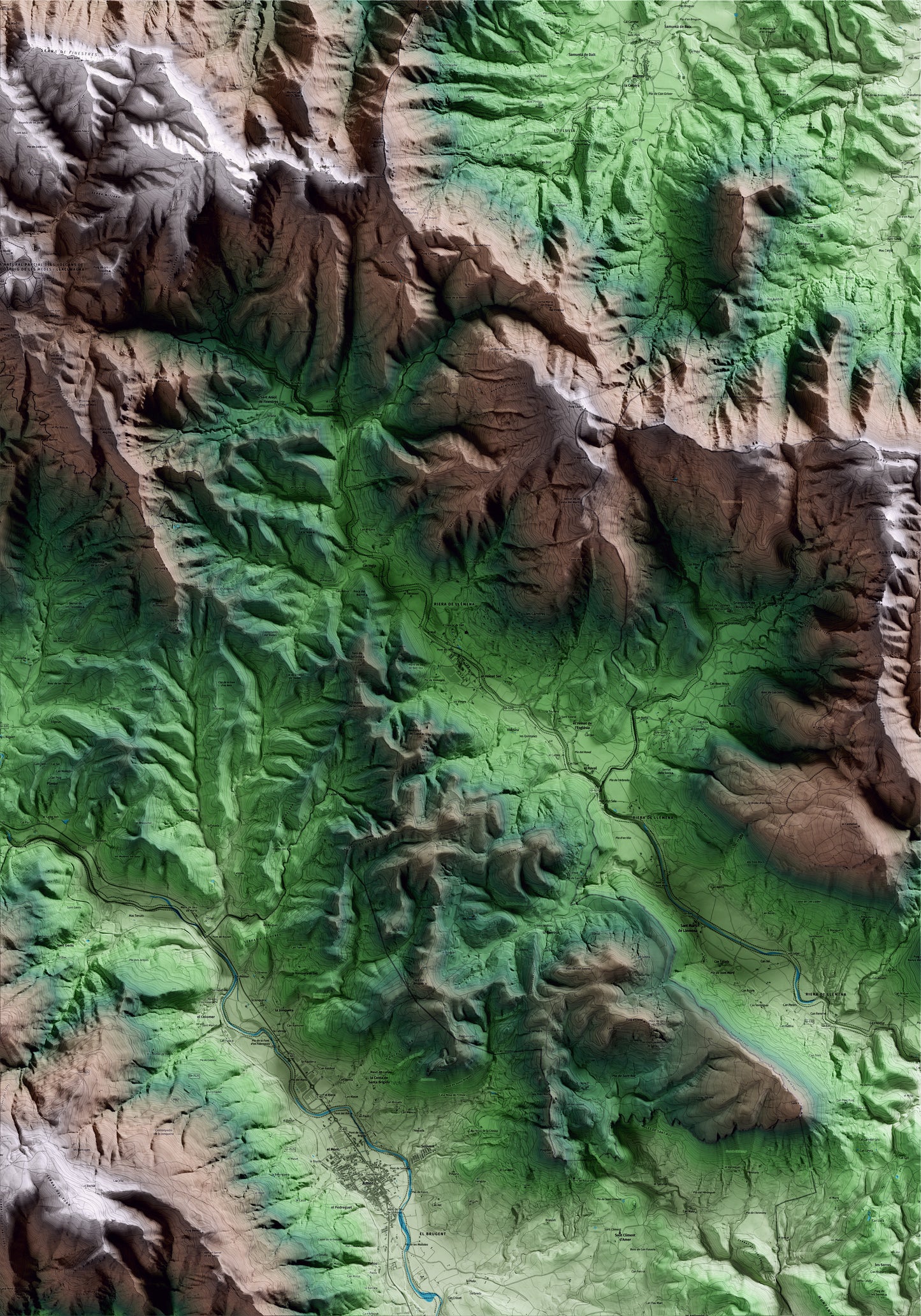 Mapa artístico del relieve de Sant Aniol de Finestres, a la Garrotxa, con 15 km de entorno y base topográfica ICGC