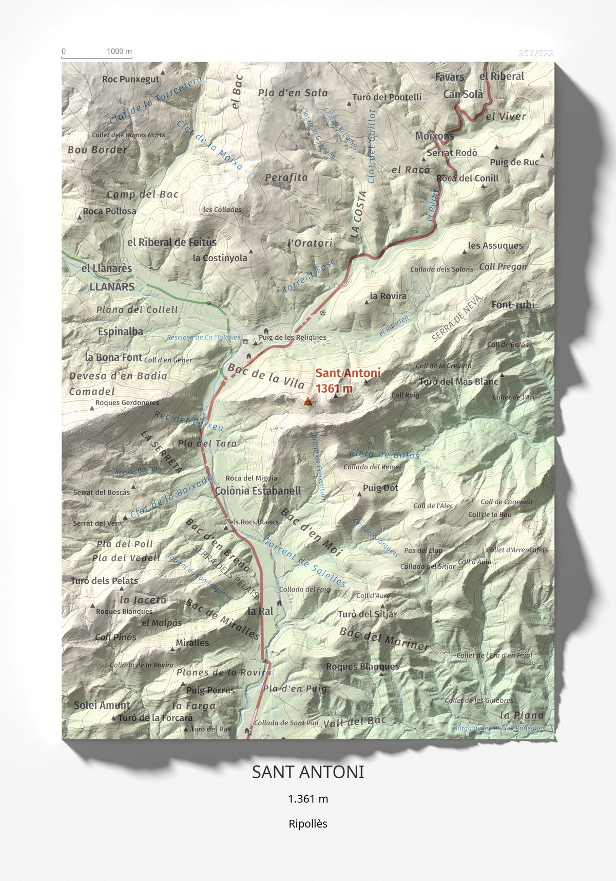 Mapa de relieve de Sant Antoni, 1361 m, Ripollès, lámina 100 Cims de Trobart 21 × 30 cm.