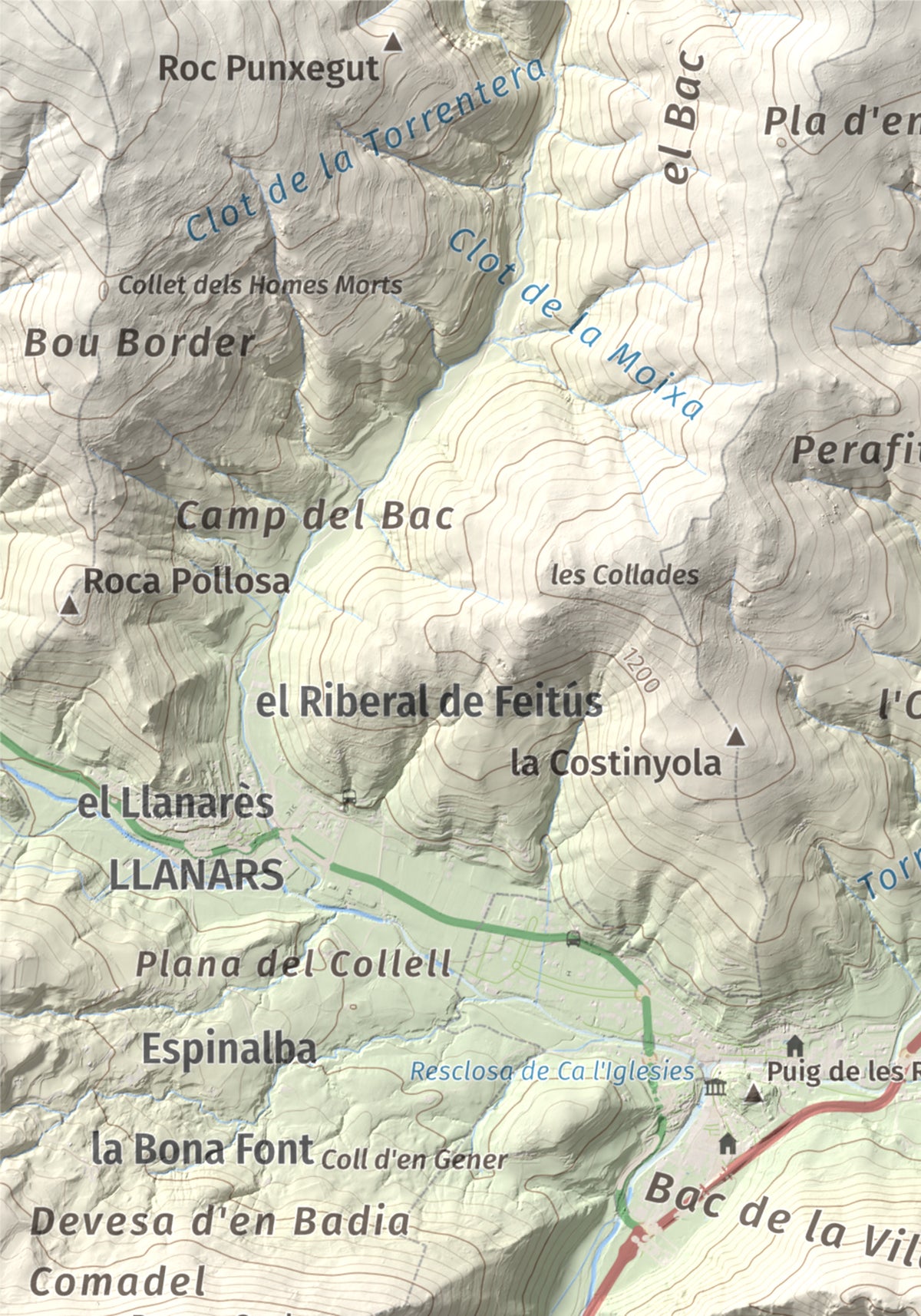 Mapa de relieve de Sant Antoni, 1361 m, Ripollès, lámina 100 Cims de Trobart. Detalle de la zona superior izquierda. 21 × 30 cm.