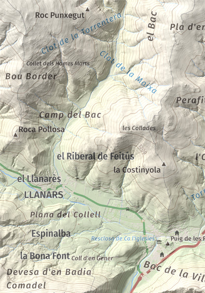 Mapa de relieve de Sant Antoni, 1361 m, Ripollès, lámina 100 Cims de Trobart. Detalle de la zona superior izquierda. 21 × 30 cm.